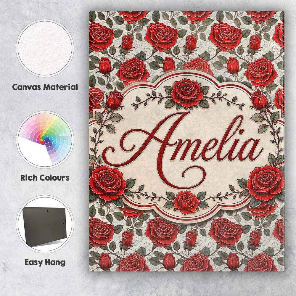 Personalised Name Detailed Red Rose Floral Custom  Unique Gift Idea Elegant Feature Canvas Wall Art Print Decor Picture Ready to Hang