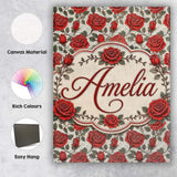 Personalised Name Detailed Red Rose Floral Custom  Unique Gift Idea Elegant Feature Canvas Wall Art Print Decor Picture Ready to Hang