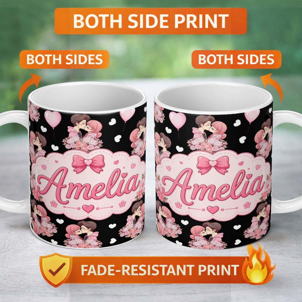 Personalized Custom Name Romantic Couple Kissing Floral Bouquet Hearts Seamless Pattern White 11oz Ceramic Coffee Tea Mug White Large Handle