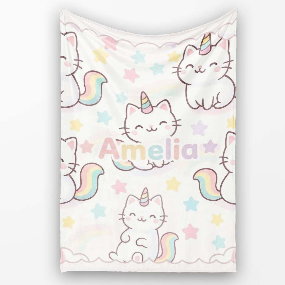 Cute Rainbow Unicorn Cat Cartoon Animal Pattern Perfect Gift for Her  Personalised Custom Name Super Soft Fleece Blanket Bed Sofa Throw