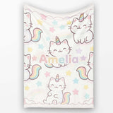 Cute Rainbow Unicorn Cat Cartoon Animal Pattern Perfect Gift for Her  Personalised Custom Name Super Soft Fleece Blanket Bed Sofa Throw