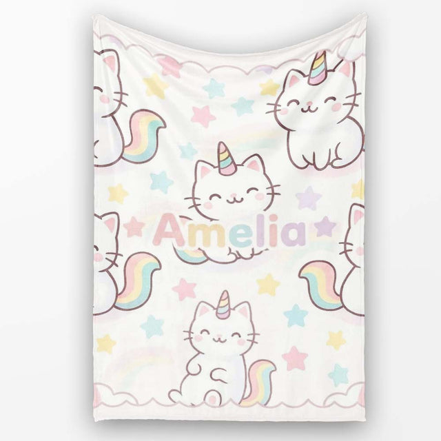 Cute Rainbow Unicorn Cat Cartoon Animal Pattern Perfect Gift for Her  Personalised Custom Name Super Soft Fleece Blanket Bed Sofa Throw