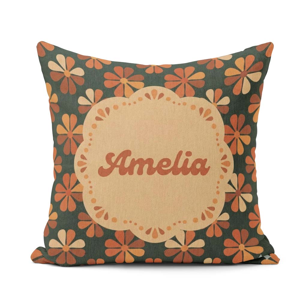 Custom Name Mid Century Modern Floral Pattern in Teal and Orange Square Filled Cushion Throw Pillow Sofa Bed Home Decor Zip Washable UK Made