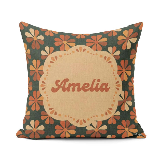 Custom Name Mid Century Modern Floral Pattern in Teal and Orange Square Filled Cushion Throw Pillow Sofa Bed Home Decor Zip Washable UK Made