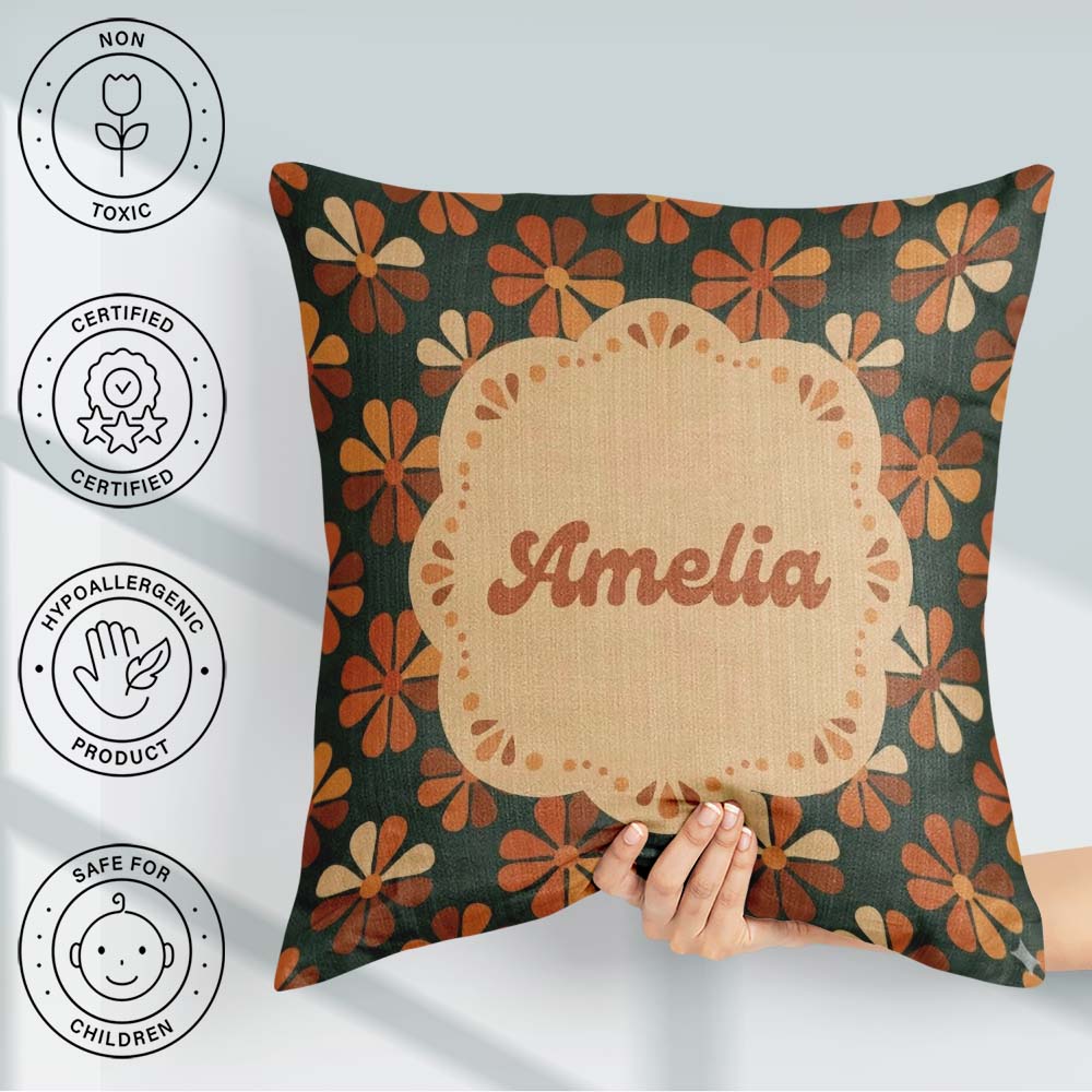 Custom Name Mid Century Modern Floral Pattern in Teal and Orange Square Filled Cushion Throw Pillow Sofa Bed Home Decor Zip Washable UK Made