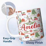 Personalized Custom Name Watercolor Christmas Village Trees Cars Snow Scene Seamless Pattern 11oz Ceramic Coffee Tea Mug White Large Handle