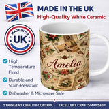 Personalized Custom Name Vintage Christmas Postcards Floral Letters Collage Seamless Pattern 11oz Ceramic Coffee Tea Mug White Large Handle