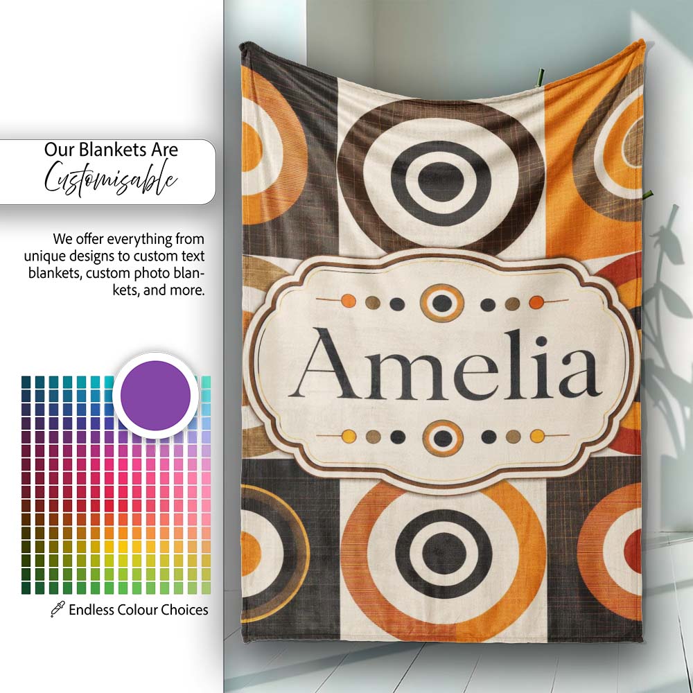 Concentric Circle Pattern in Orange Brown and Cream Cute Unique Gift  Personalised Custom Name Super Soft Fleece Blanket Bed Sofa Throw