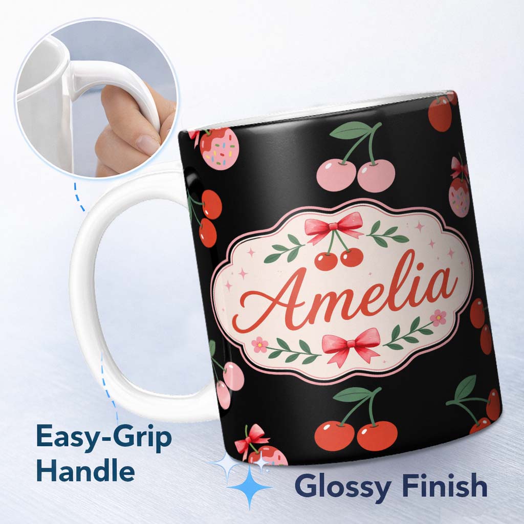 Personalized Custom Name Cute Cherry Fruit Cream Neutral Background Seamless Pattern Lovely 11oz Ceramic Coffee Tea Mug White Large Handle