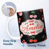 Personalized Custom Name Cute Cherry Fruit Cream Neutral Background Seamless Pattern Lovely 11oz Ceramic Coffee Tea Mug White Large Handle