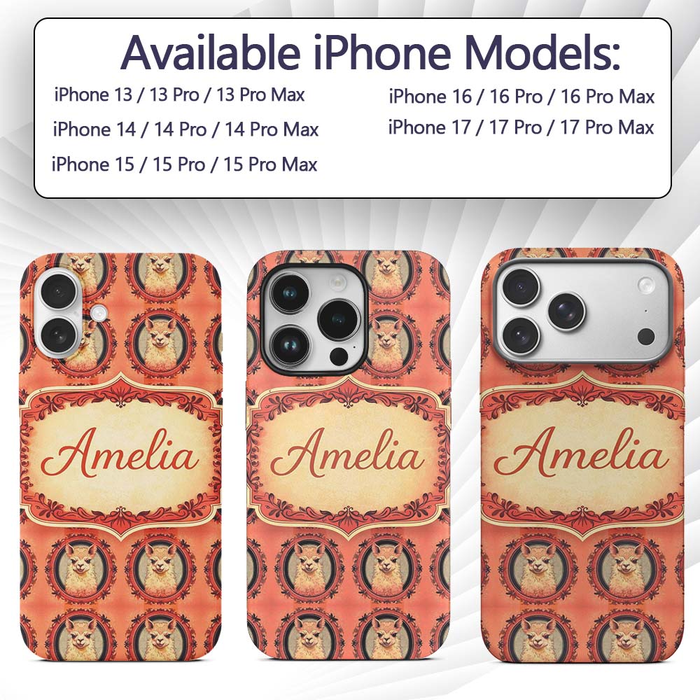 Alpaca Portrait Oval Frame Vintage Style Animal Custom Name Protective Phone Case Mobile Cover Durable Everyday Smartphone Shock Resistant