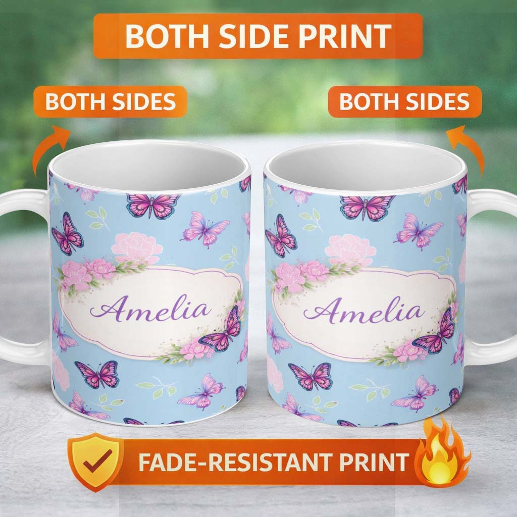 Personalized Custom Name Vibrant Pink Purple Butterflies Sky Blue Seamless Pattern Lovely 11oz Ceramic Coffee Tea Mug White Large Handle