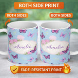 Personalized Custom Name Vibrant Pink Purple Butterflies Sky Blue Seamless Pattern Lovely 11oz Ceramic Coffee Tea Mug White Large Handle