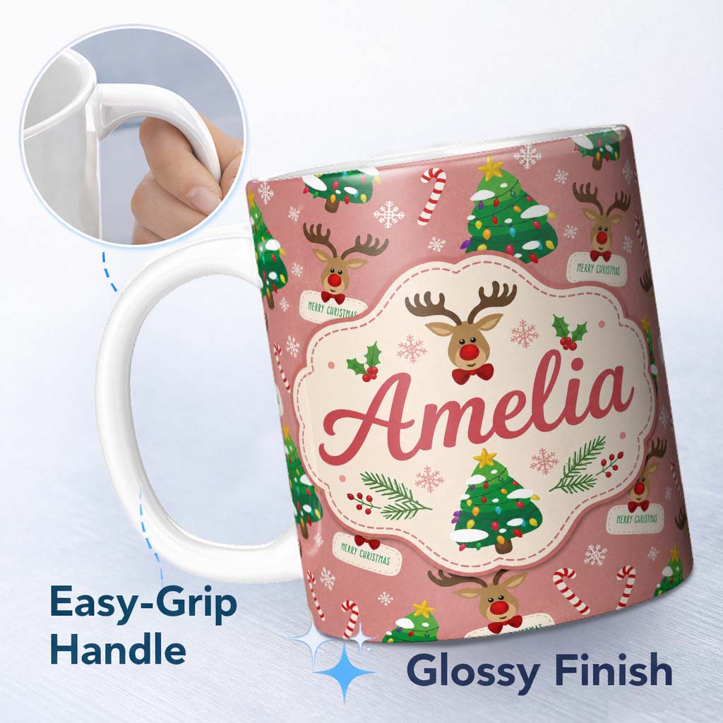 Personalized Custom Name Cute Reindeer Christmas Tree Candy Cane Seamless Pattern Lovely 11oz Ceramic Coffee Tea Mug White Large Handle