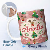Personalized Custom Name Cute Reindeer Christmas Tree Candy Cane Seamless Pattern Lovely 11oz Ceramic Coffee Tea Mug White Large Handle