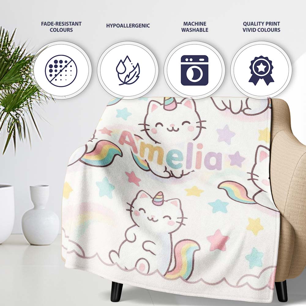 Cute Rainbow Unicorn Cat Cartoon Animal Pattern Perfect Gift for Her  Personalised Custom Name Super Soft Fleece Blanket Bed Sofa Throw
