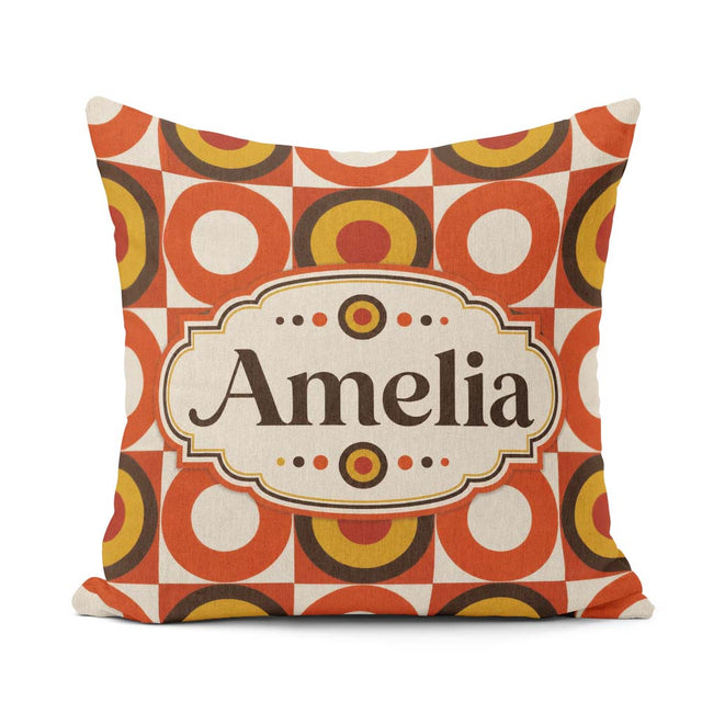 Custom Name Bold Orange Yellow Circle Check Seamless Pattern Square Filled Cushion Throw Pillow Sofa Bed Home Decor Zip Washable UK Made