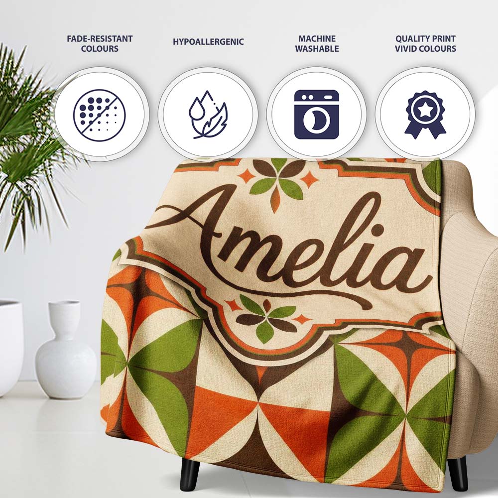 Mid Century Orange Green Star Tile Geometric Seamless Pattern Lovely  Personalised Custom Name Super Soft Fleece Blanket Bed Sofa Throw