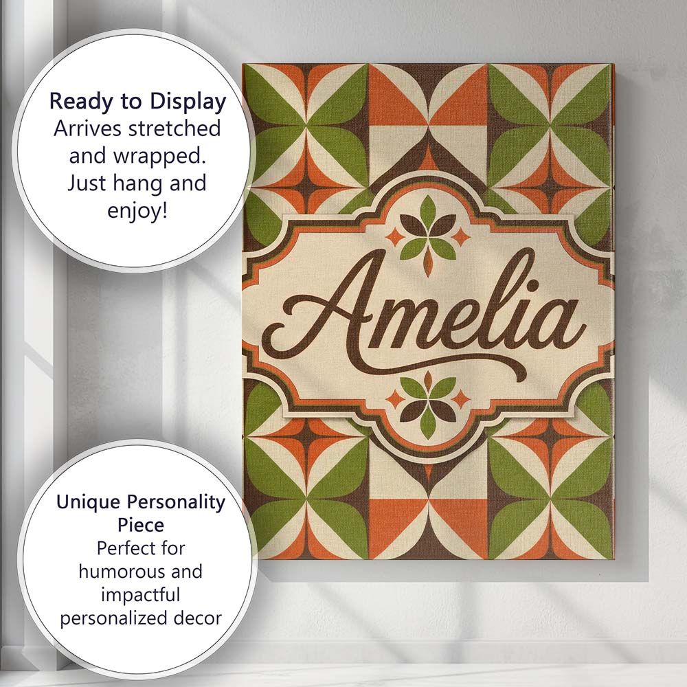 Personalised Name Mid Century Orange Green Custom  Unique Gift Idea Elegant Feature Canvas Wall Art Print Decor Picture Ready to Hang
