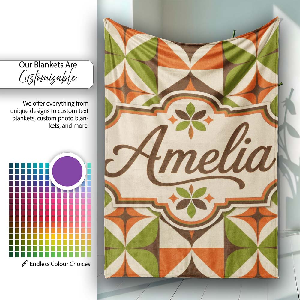 Mid Century Orange Green Star Tile Geometric Seamless Pattern Lovely  Personalised Custom Name Super Soft Fleece Blanket Bed Sofa Throw