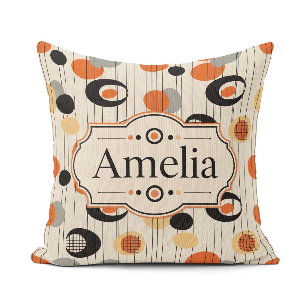 Custom Name Abstract Black Orange Century Atomic Shapes Seamless Square Filled Cushion Throw Pillow Sofa Bed Home Decor Zip Washable UK Made