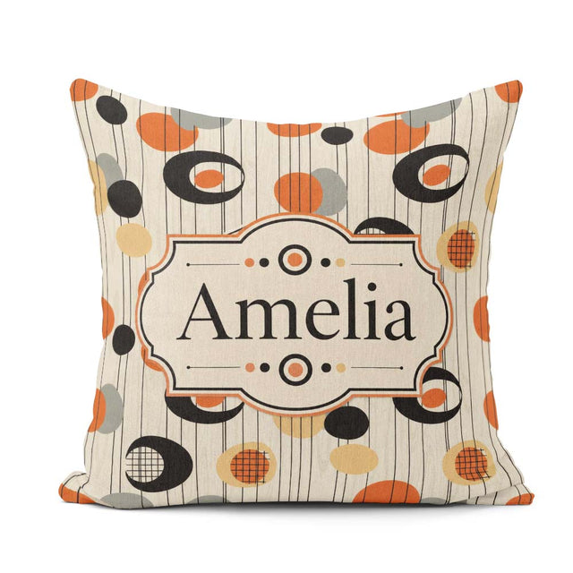 Custom Name Abstract Black Orange Century Atomic Shapes Seamless Square Filled Cushion Throw Pillow Sofa Bed Home Decor Zip Washable UK Made