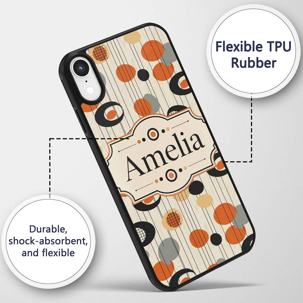 Abstract Black Orange Mid Century Atomic Shapes Custom Name Protective Phone Case Mobile Cover Durable Everyday Smartphone Shock Resistant