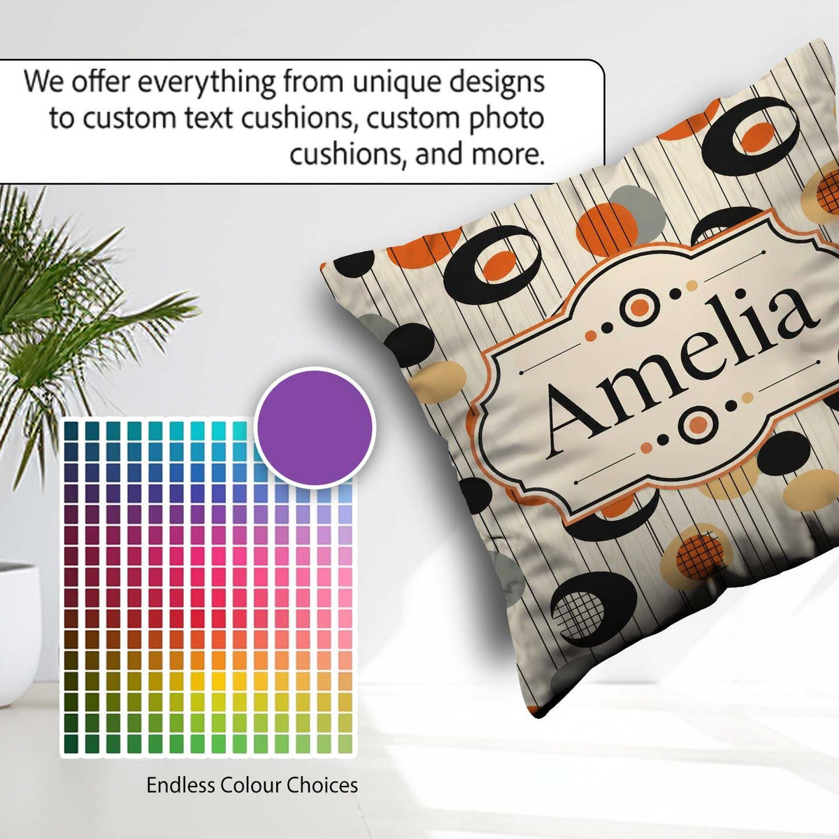 Custom Name Abstract Black Orange Century Atomic Shapes Seamless Square Filled Cushion Throw Pillow Sofa Bed Home Decor Zip Washable UK Made