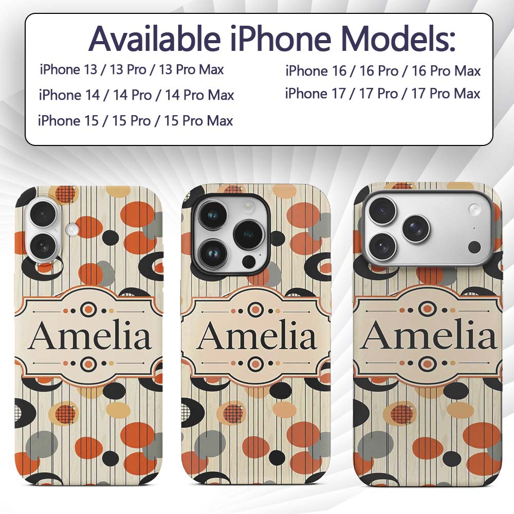 Abstract Black Orange Mid Century Atomic Shapes Custom Name Protective Phone Case Mobile Cover Durable Everyday Smartphone Shock Resistant