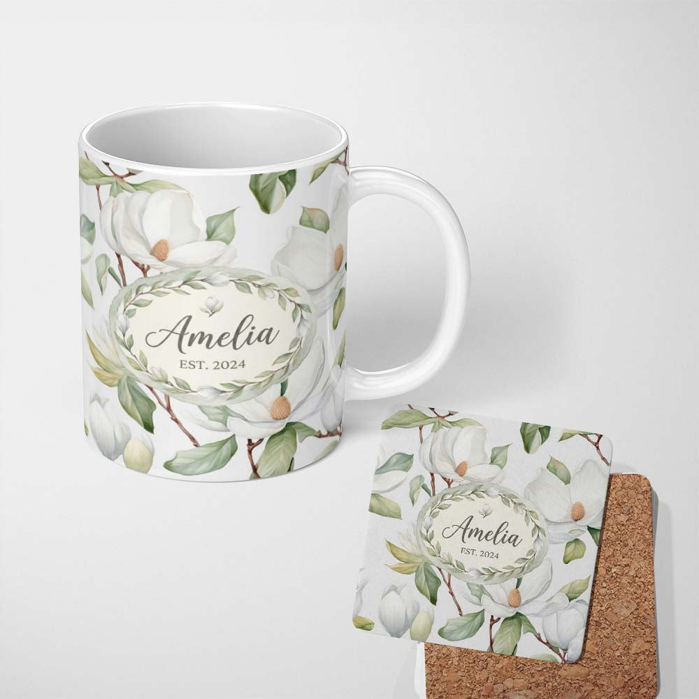 Personalized Custom Name Delicate Magnolia Flowers and Buds Seamless Pattern Cute Unique Gift 11oz Ceramic Coffee Tea Mug White Large Handle