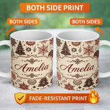 Personalized Custom Name Elegant Snowflake Winter Pattern Pine Trees Red Neutral Seamless 11oz Ceramic Coffee Tea Mug White Large Handle