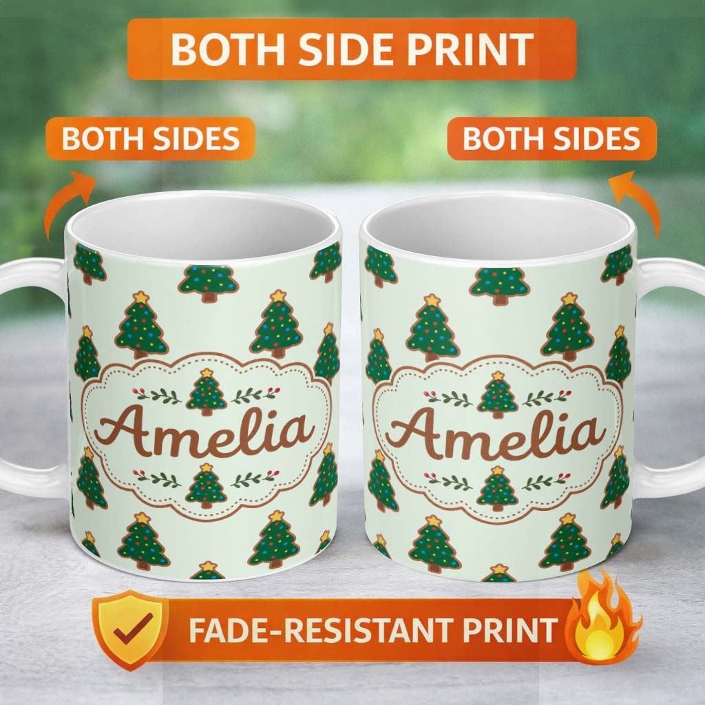 Personalized Custom Name Cute Christmas Tree Cookies with Colorful Lights Seamless Pattern 11oz Ceramic Coffee Tea Mug White Large Handle