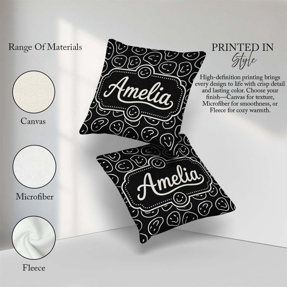 Custom Name Abstract Black White Doodle Faces Seamless Pattern Square Filled Cushion Throw Pillow Sofa Bed Home Decor Zip Washable UK Made