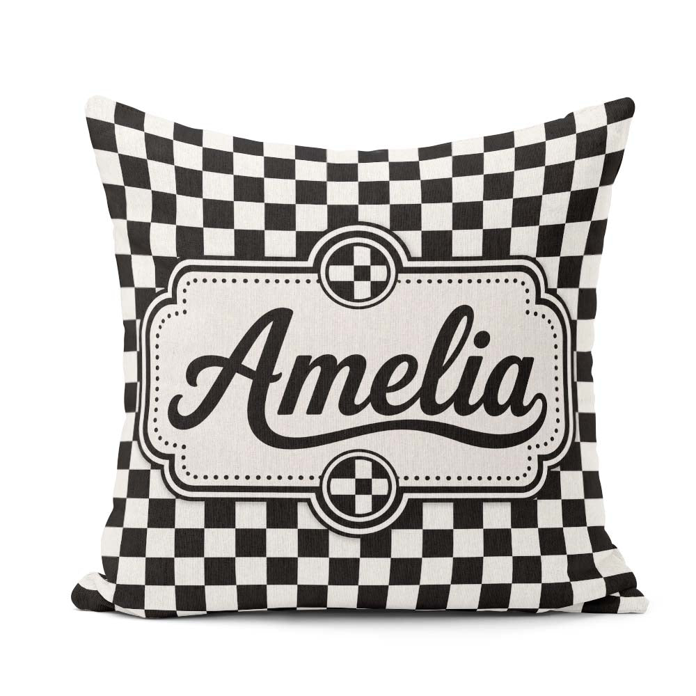 Custom Name Classic Black White Checkerboard Seamless Pattern Square Filled Cushion Throw Pillow Sofa Bed Home Decor Zip Washable UK Made