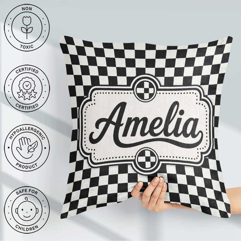 Custom Name Classic Black White Checkerboard Seamless Pattern Square Filled Cushion Throw Pillow Sofa Bed Home Decor Zip Washable UK Made