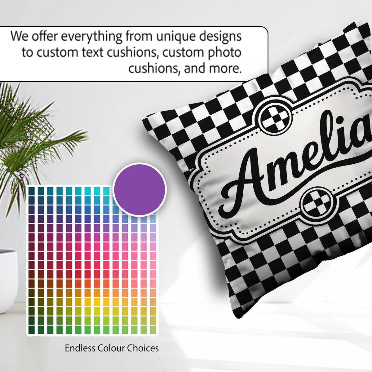 Custom Name Classic Black White Checkerboard Seamless Pattern Square Filled Cushion Throw Pillow Sofa Bed Home Decor Zip Washable UK Made