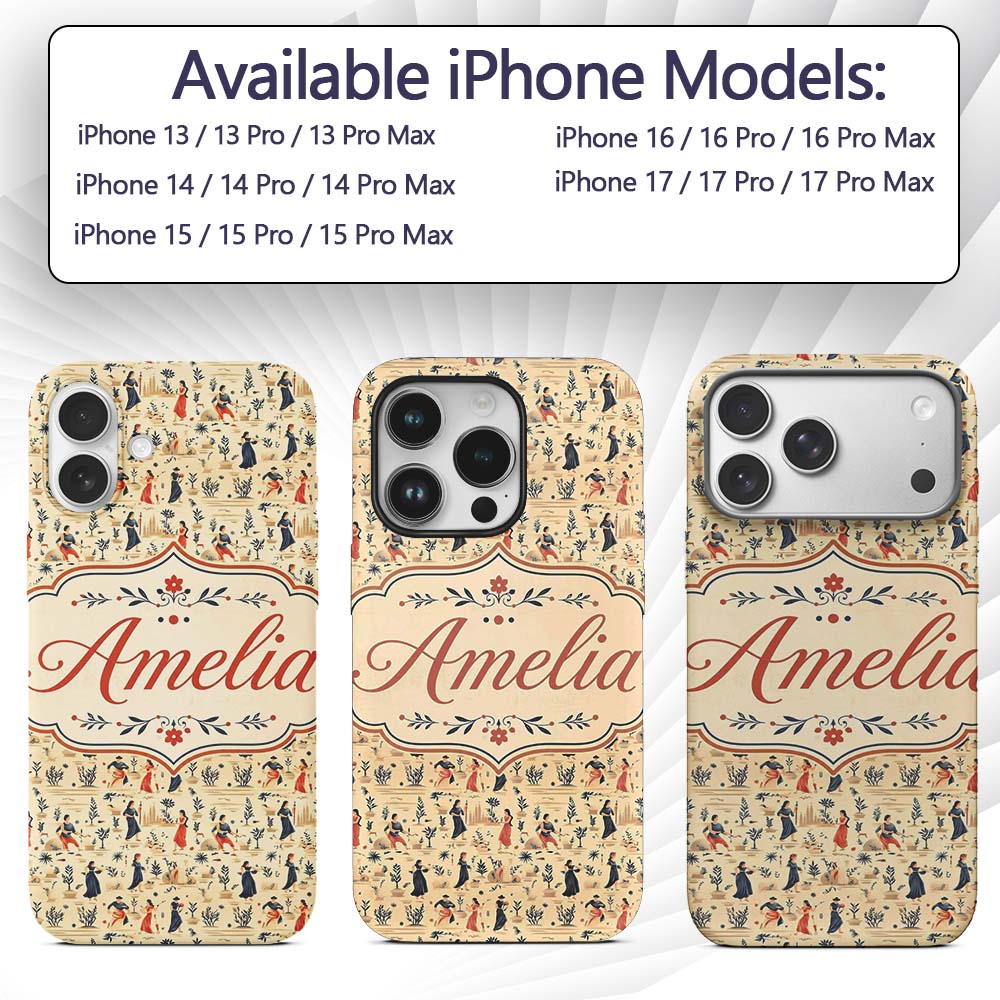 Vintage Toile Style Women Garden Scene Seamless Custom Name Protective Phone Case Mobile Cover Durable Everyday Smartphone Shock Resistant