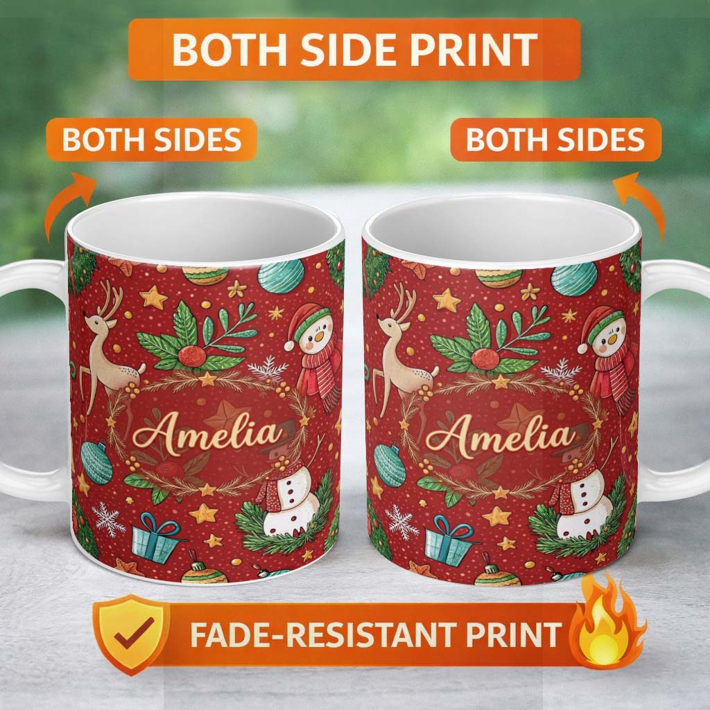 Personalized Custom Name Snowman Holly Leaves Red Background Christmas Seamless Pattern 11oz Ceramic Coffee Tea Mug White Large Handle