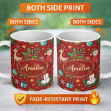 Personalized Custom Name Snowman Holly Leaves Red Background Christmas Seamless Pattern 11oz Ceramic Coffee Tea Mug White Large Handle