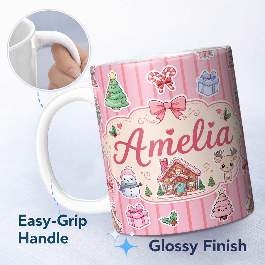 Personalized Custom Name Cute Christmas Festive Stickers Gingerbread House Tree Pink Stripe 11oz Ceramic Coffee Tea Mug White Large Handle