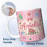 Personalized Custom Name Cute Christmas Festive Stickers Gingerbread House Tree Pink Stripe 11oz Ceramic Coffee Tea Mug White Large Handle