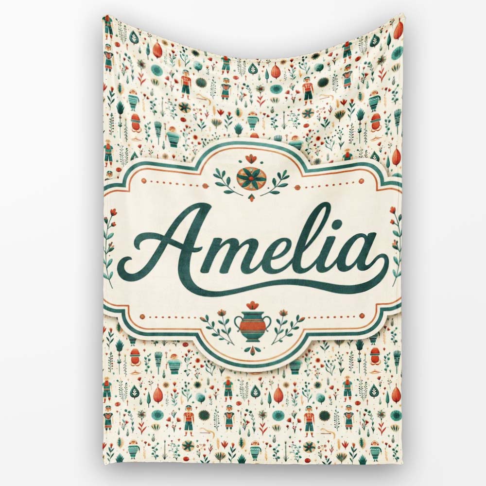 Scandinavian Folk Art Floral and Character Seamless Pattern Nordic  Personalised Custom Name Super Soft Fleece Blanket Bed Sofa Throw