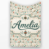 Scandinavian Folk Art Floral and Character Seamless Pattern Nordic  Personalised Custom Name Super Soft Fleece Blanket Bed Sofa Throw