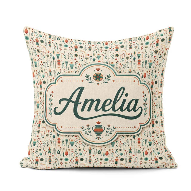 Custom Name Scandinavian Folk Art and Character Seamless Pattern Square Filled Cushion Throw Pillow Sofa Bed Home Decor Zip Washable UK Made