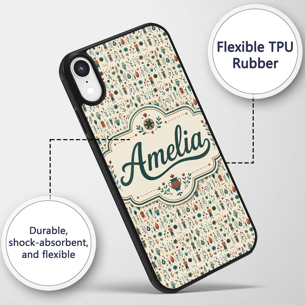 Scandinavian Folk Art Floral and Printed Design Custom Name Protective Phone Case Mobile Cover Durable Everyday Smartphone Shock Resistant