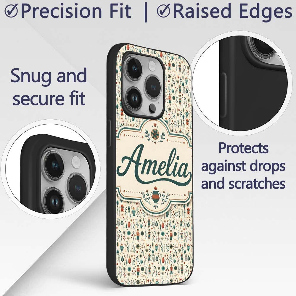Scandinavian Folk Art Floral and Printed Design Custom Name Protective Phone Case Mobile Cover Durable Everyday Smartphone Shock Resistant