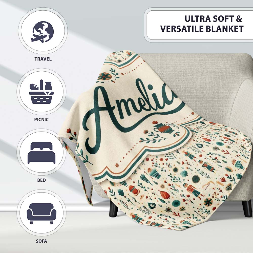 Scandinavian Folk Art Floral and Character Seamless Pattern Nordic  Personalised Custom Name Super Soft Fleece Blanket Bed Sofa Throw