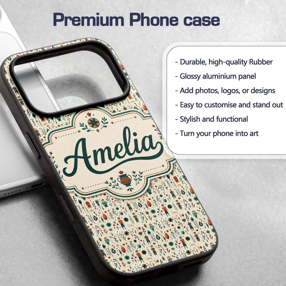 Scandinavian Folk Art Floral and Printed Design Custom Name Protective Phone Case Mobile Cover Durable Everyday Smartphone Shock Resistant