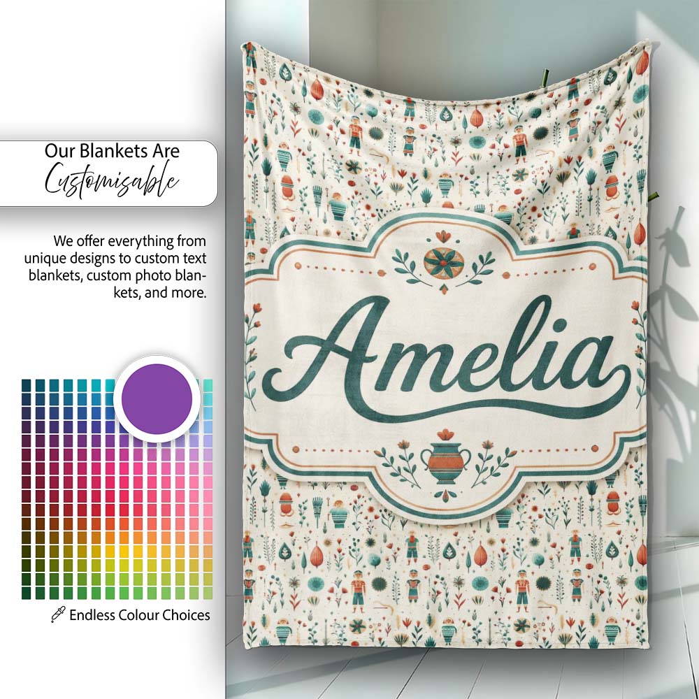 Scandinavian Folk Art Floral and Character Seamless Pattern Nordic  Personalised Custom Name Super Soft Fleece Blanket Bed Sofa Throw