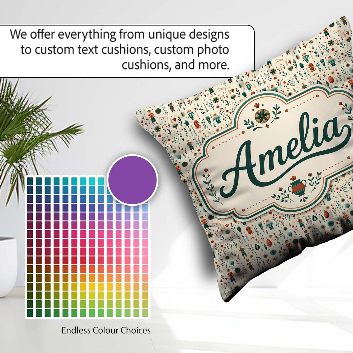 Custom Name Scandinavian Folk Art and Character Seamless Pattern Square Filled Cushion Throw Pillow Sofa Bed Home Decor Zip Washable UK Made